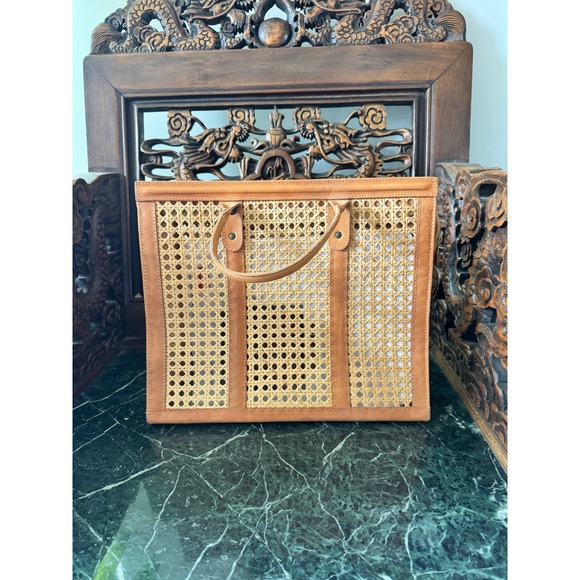 Vintage Woven WickerBAG leather & rattan Palmgrens 1900s Antique Purse